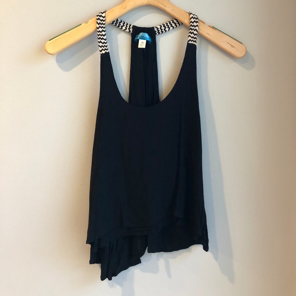 buttons Black Tank Top with Woven Straps